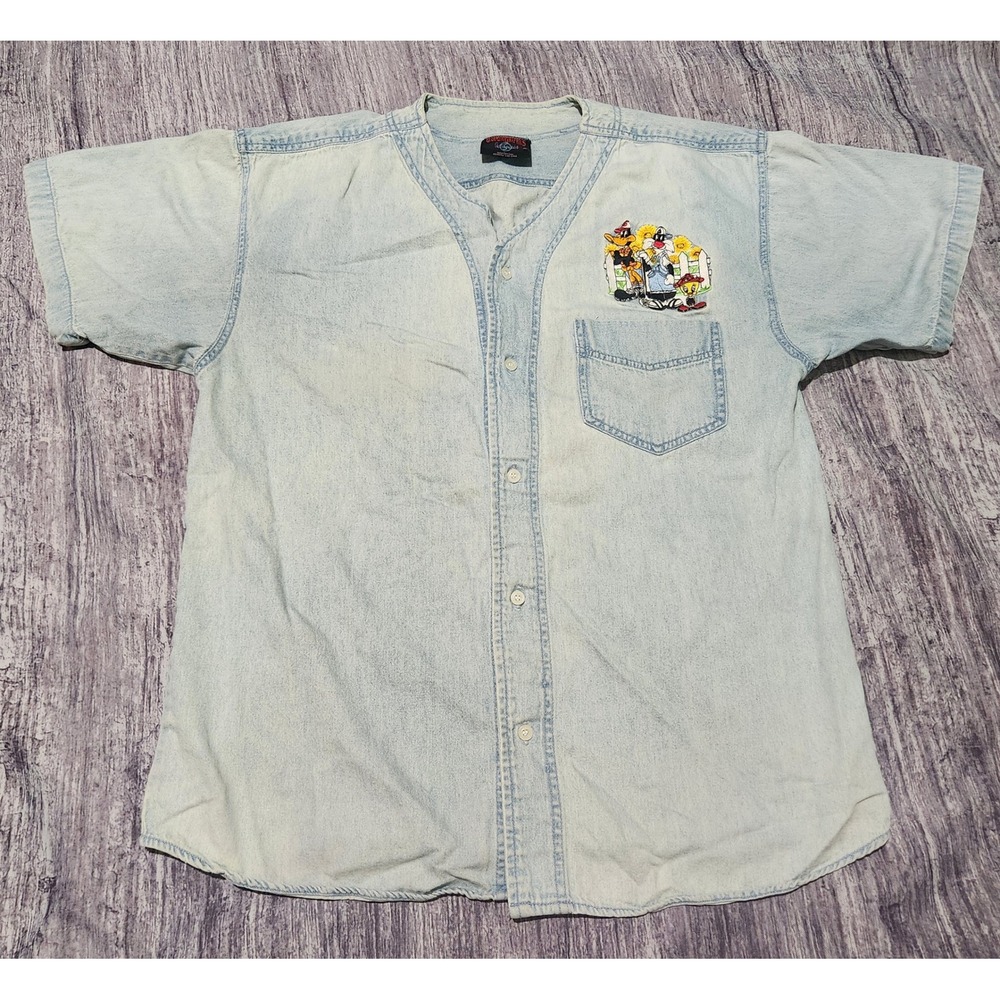 Vintage Looney Tunes Denim‎ Button Up Baseball Shirt Cartoon Tweety Daffy Duck